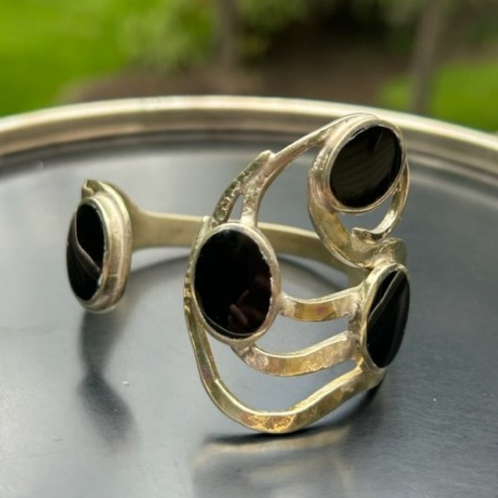 VTG ALPACA Silver Bent Fork Black Stones CUFF BRACELET - Picture 3 of 8